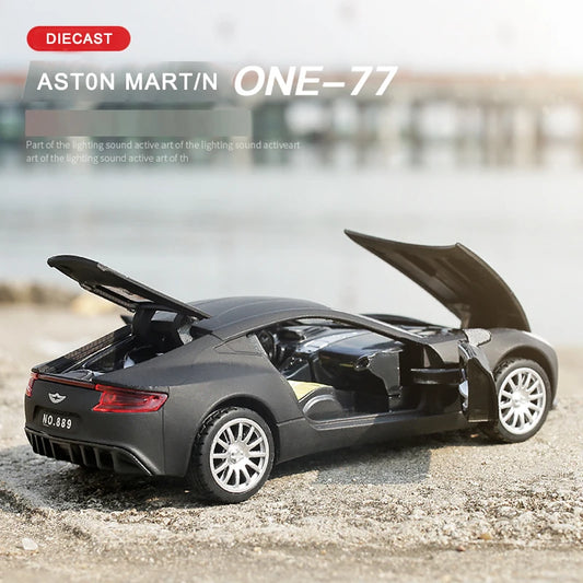 Aston Martin One-77 Metal Toy Cars , 1/32 Diecast Scale Model, Kids Present With Pull Back Function/Music/Light/Openable Door