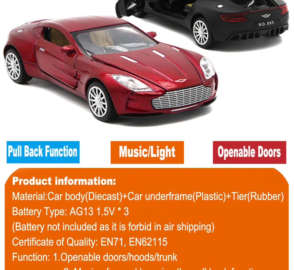 Aston Martin One-77 Metal Toy Cars , 1/32 Diecast Scale Model, Kids Present With Pull Back Function/Music/Light/Openable Door