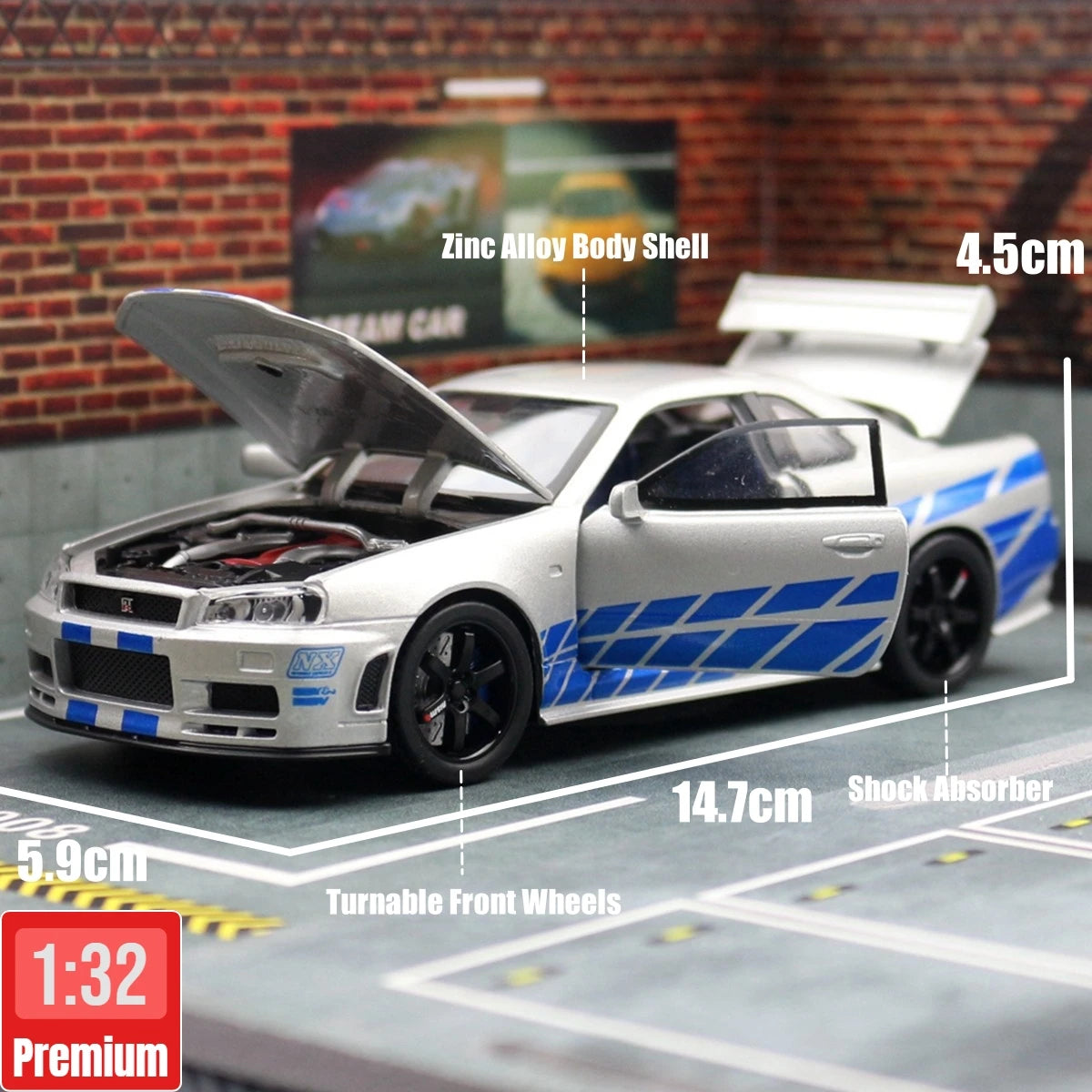 Nissan Skyline GTR R34 JDM 1/32 scale toy car, sound and light