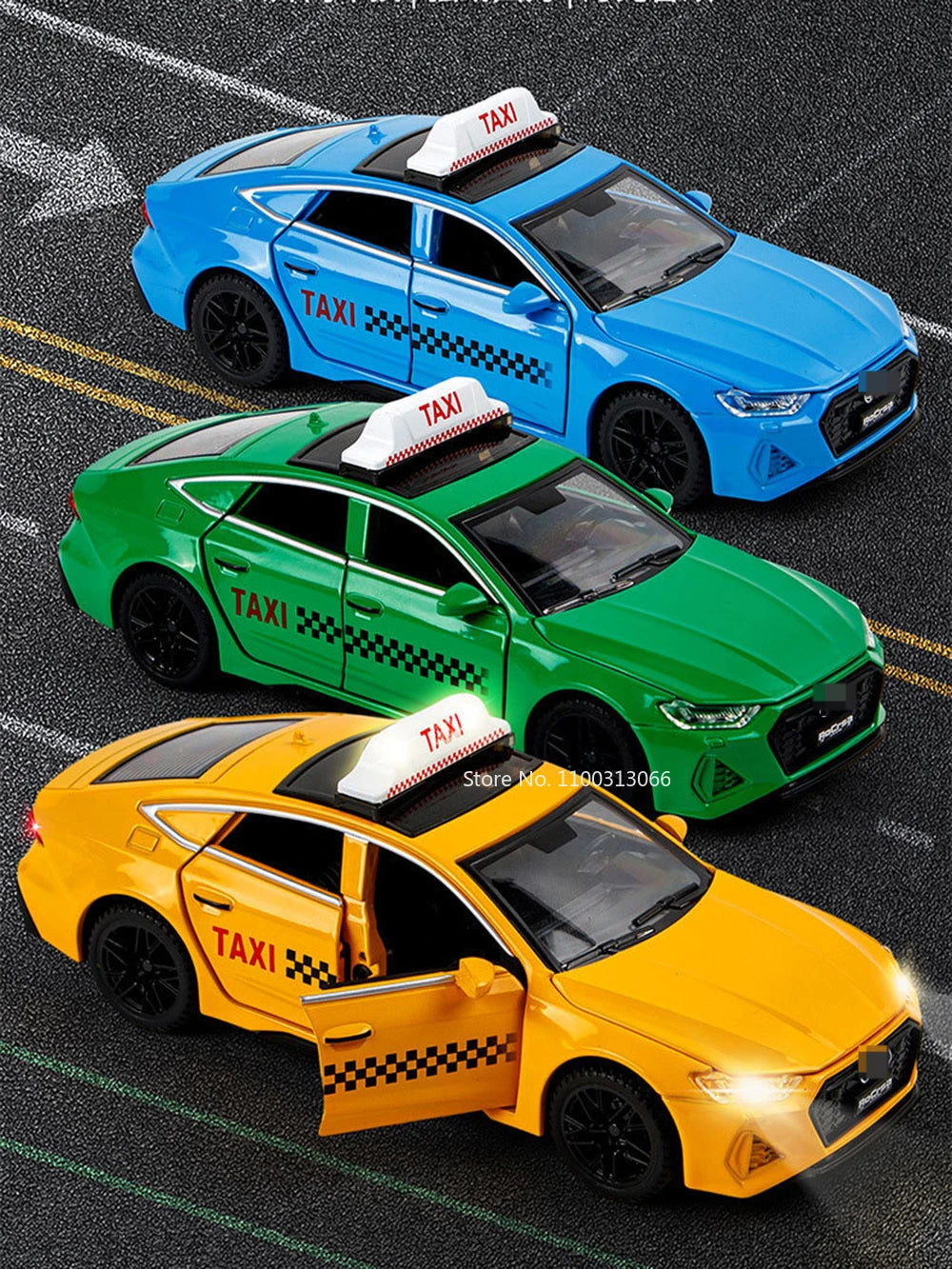 Mô hình xe taxi thu nhỏ Audi RS7 Diecast kéo lùi có đèn và âm thanh, xe trang trí 6 cửa mở