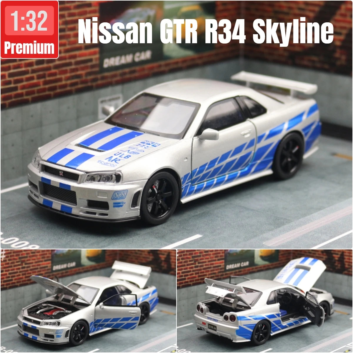 Nissan Skyline GTR R34 JDM 1/32 scale toy car, sound and light