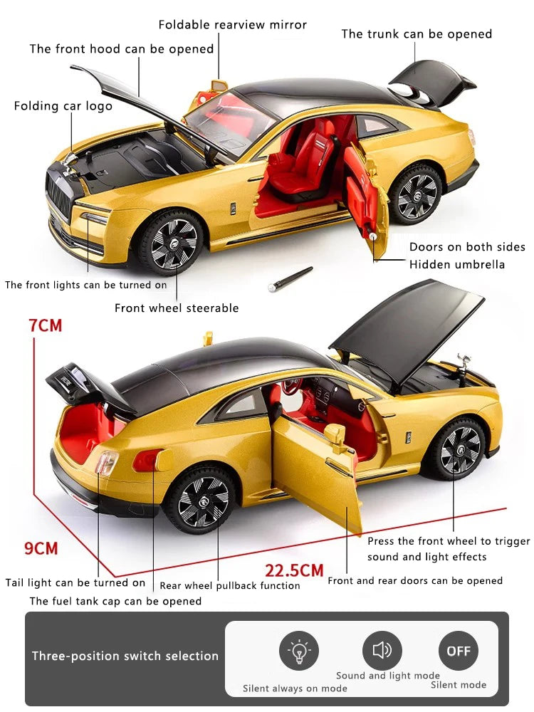 1:24 Rolls-Royce Mô hình xe hợp kim sáng bóng Mô phỏng âm thanh và ánh sáng Xe đồ chơi kéo lại Xe thể thao Bộ sưu tập đồ trang trí Quà tặng cho bé trai