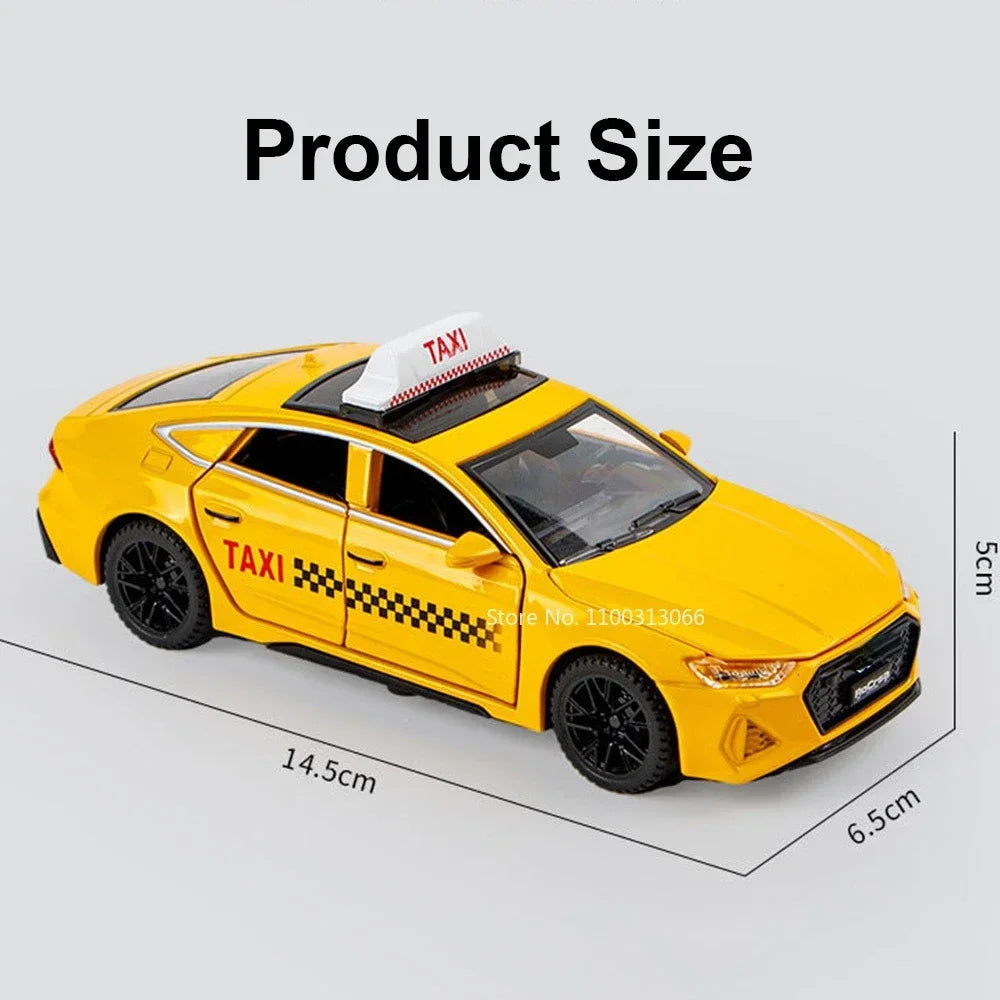 Mô hình xe taxi thu nhỏ Audi RS7 Diecast kéo lùi có đèn và âm thanh, xe trang trí 6 cửa mở