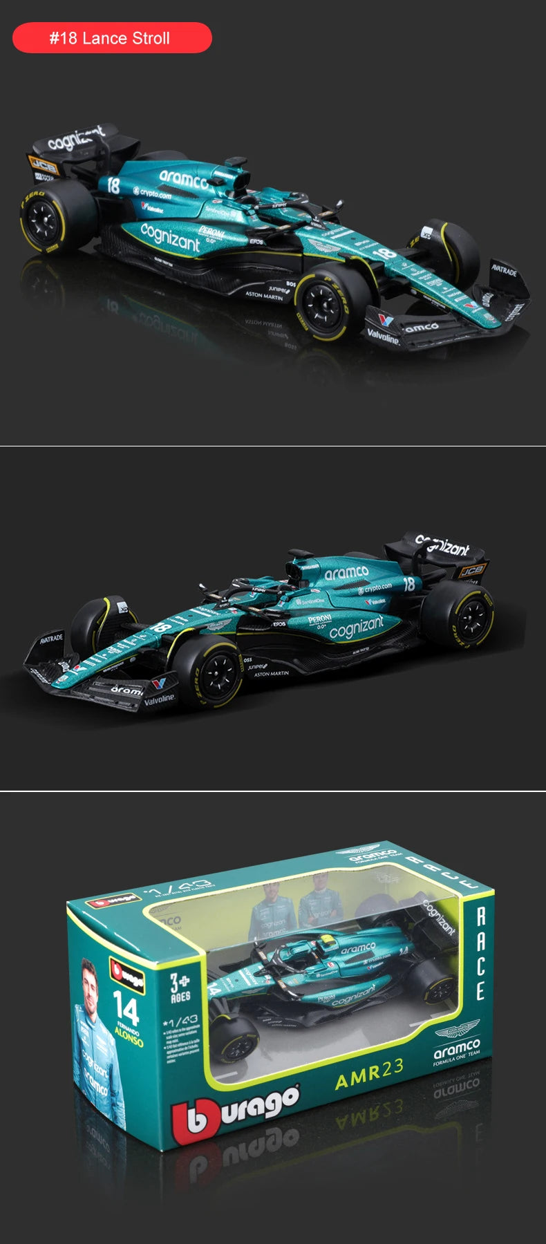 Bburago 1:43 Aston Martin Bộ sưu tập AMR23 F1 Formula Racing Mô hình hợp kim Diecast Đồ chơi Xe hơi 14# Fernando Alonso 2023 Quà tặng cho bé trai