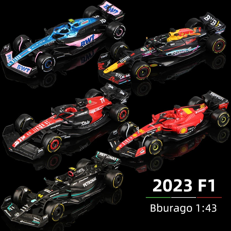 Bburago 1:43 2023 F1 Model RB19 W14 SF23 C43 A523 AMR23 Đồ chơi xe đua hợp kim Red Bull Mercedes Alfa Romeo Apline