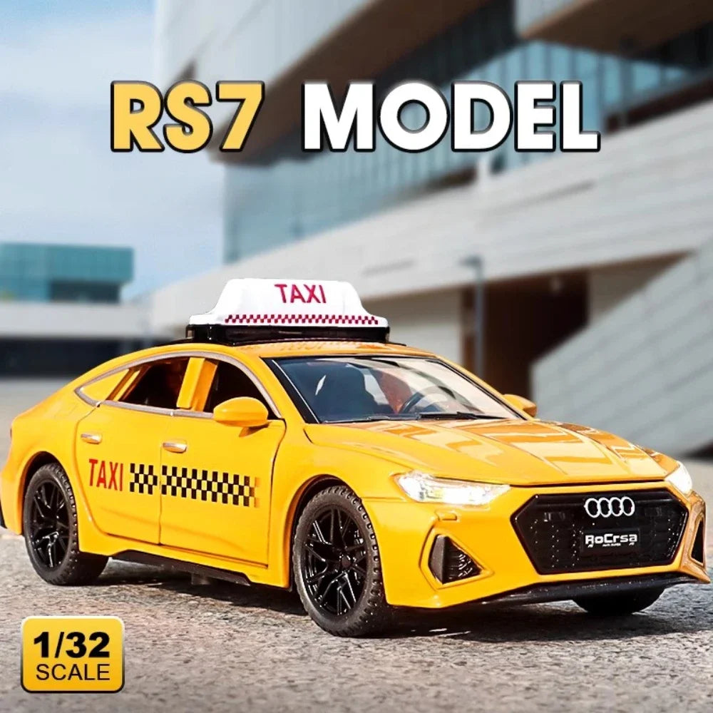 Mô hình xe taxi thu nhỏ Audi RS7 Diecast kéo lùi có đèn và âm thanh, xe trang trí 6 cửa mở