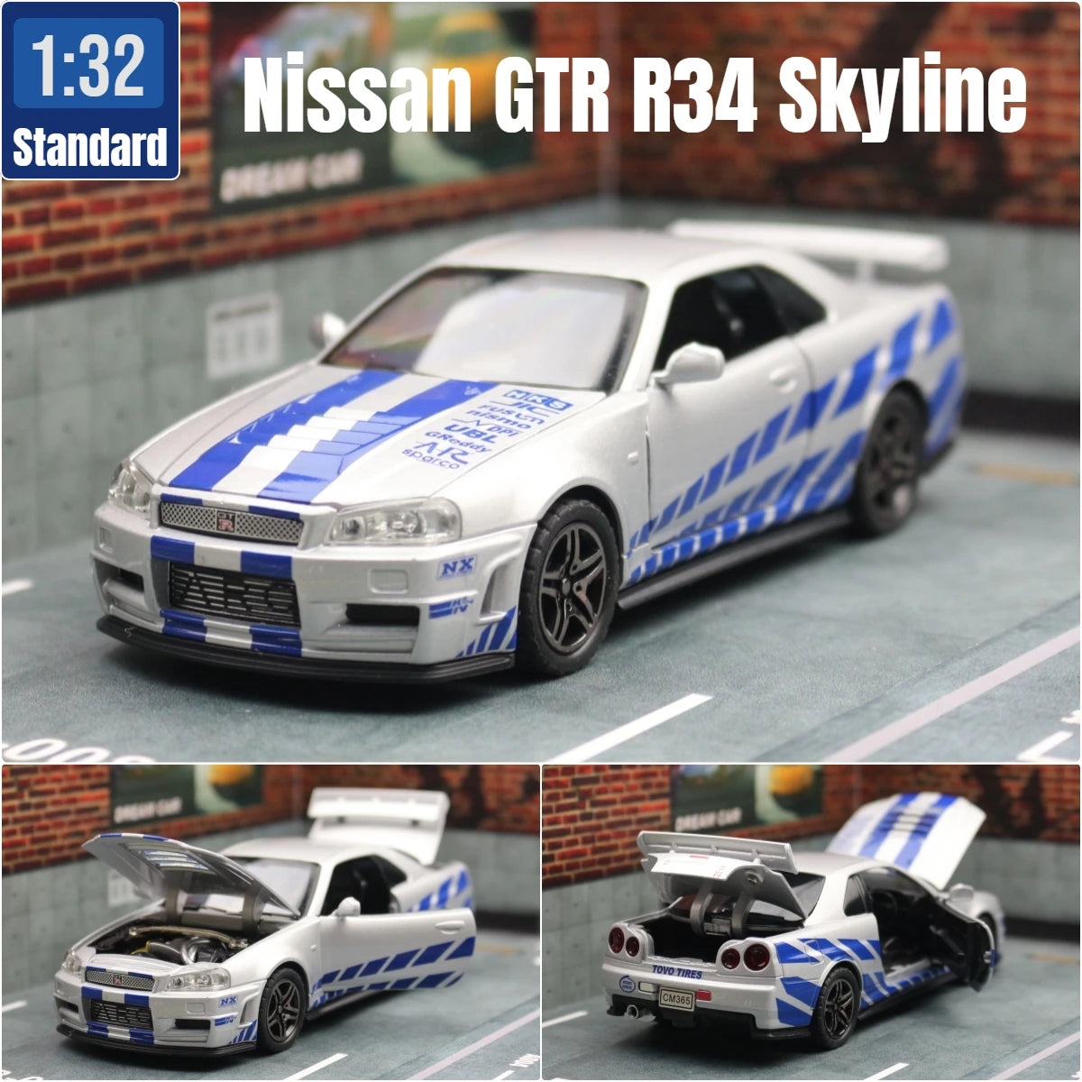 Nissan Skyline GTR R34 JDM 1/32 scale toy car, sound and light