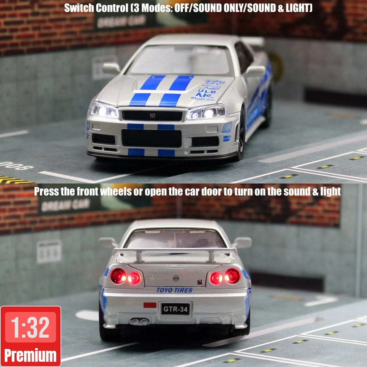 Nissan Skyline GTR R34 JDM 1/32 scale toy car, sound and light