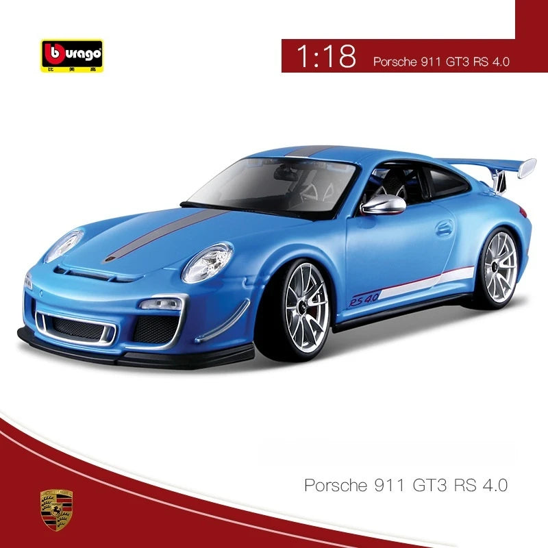 Bruago 1:18 Porsche 911 Gt3 White Blue Die Cast Alloy Car Model Nostalgic Collection Static Decoration Male Car Toy Gift